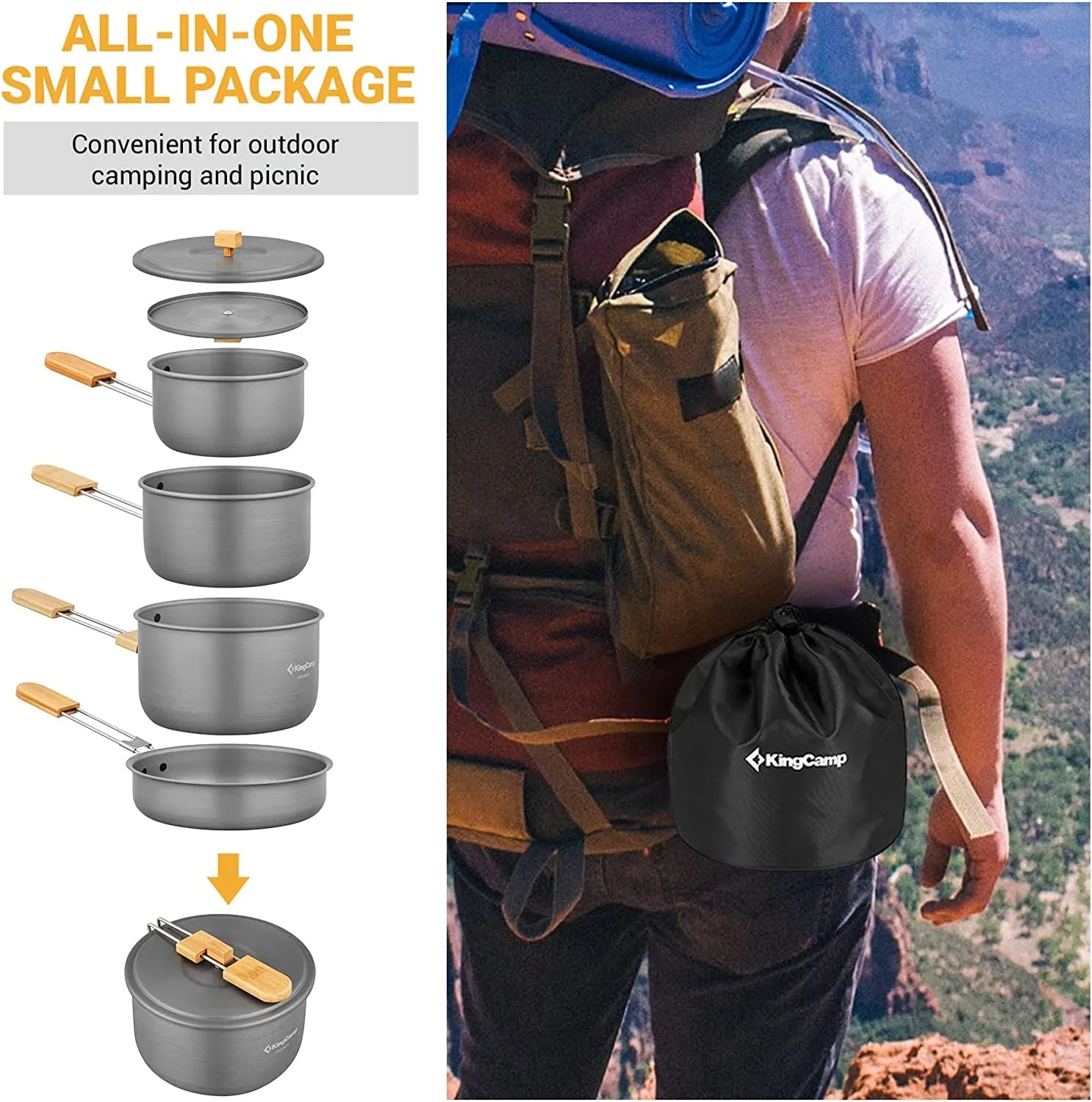 Kit Outdoor Lightweight Backpacking Handle and Bamboo for Gear with Folding Picnic Camping Fast response Camping Cook Family Cookware Pans Sustainable Set 7Pcs Aluminum Pots Hiking Cooking Mess Set