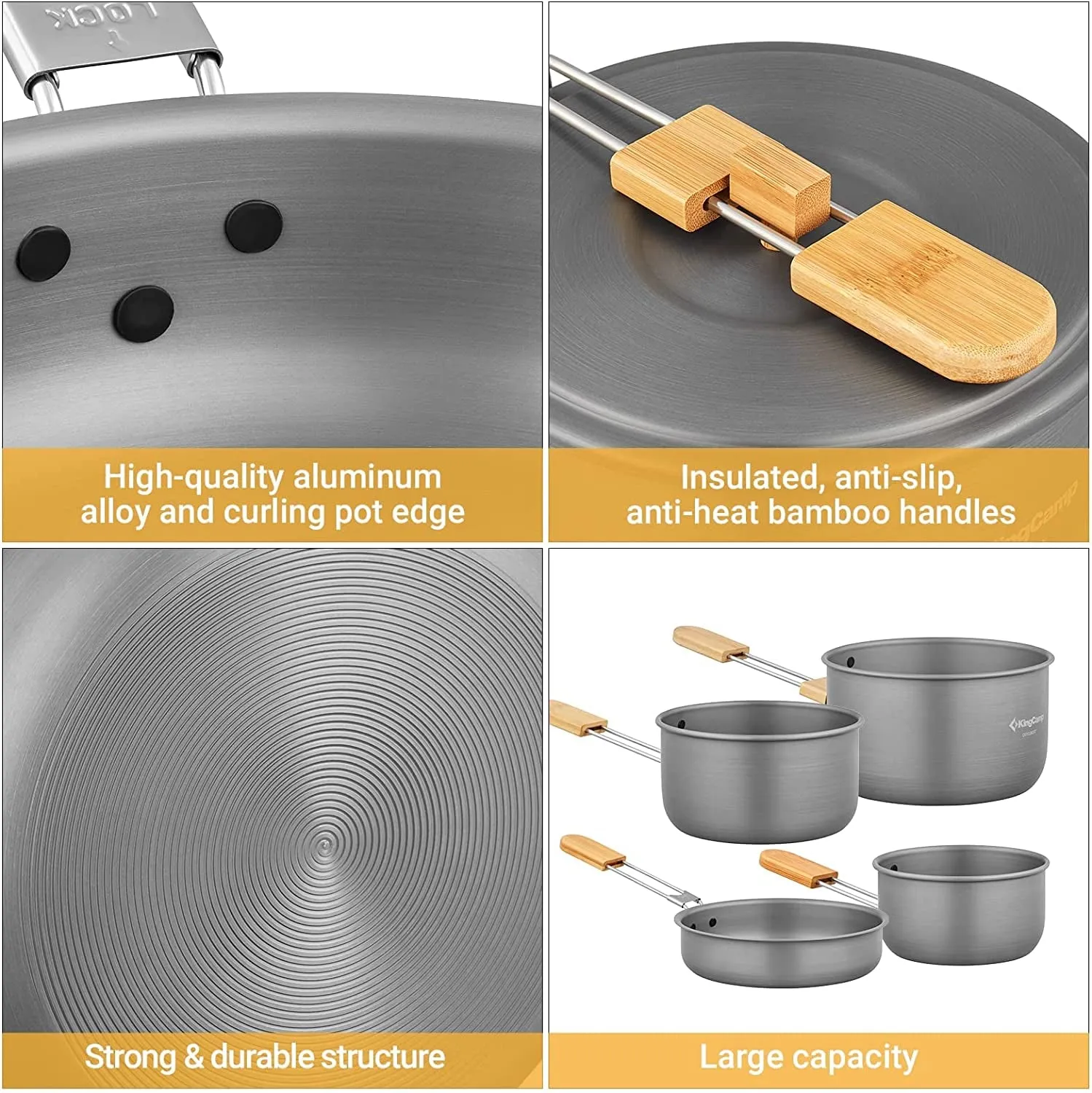 Kit Outdoor Lightweight Backpacking Handle and Bamboo for Gear with Folding Picnic Camping Fast response Camping Cook Family Cookware Pans Sustainable Set 7Pcs Aluminum Pots Hiking Cooking Mess Set