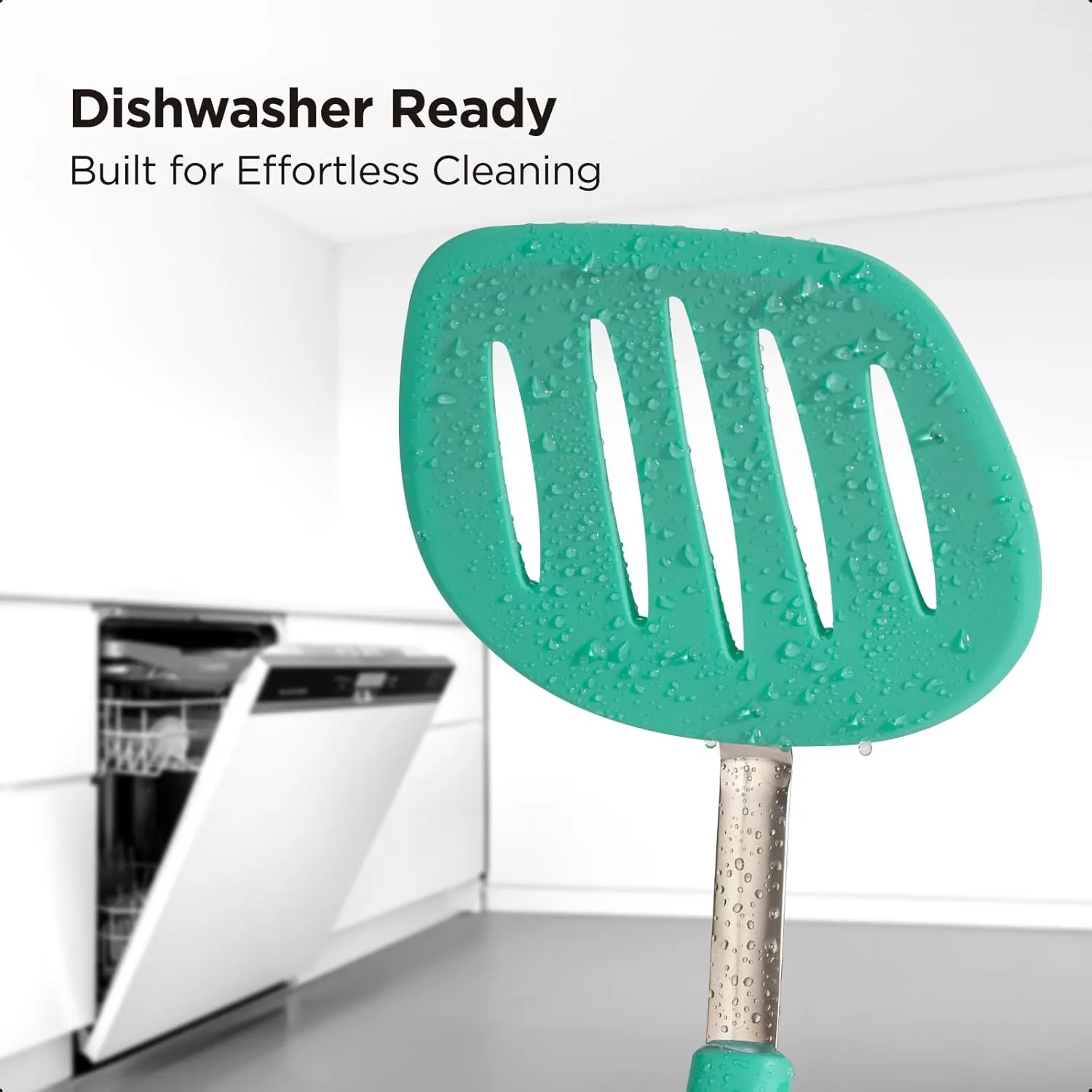 Kitchen Mama WaltzGrip Platinum Silicone Pancake Spatula Turner: Heat-Resistant, Slotted Tapered Head, Stainless Steel Core, Durable, Dishwasher-Safe, Ideal for Flipping and Wok Use (Teal)