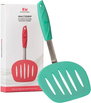 Kitchen Mama WaltzGrip Platinum Silicone Pancake Spatula Turner: Heat-Resistant, Slotted Tapered Head, Stainless Steel Core, Durable, Dishwasher-Safe, Ideal for Flipping and Wok Use (Teal)