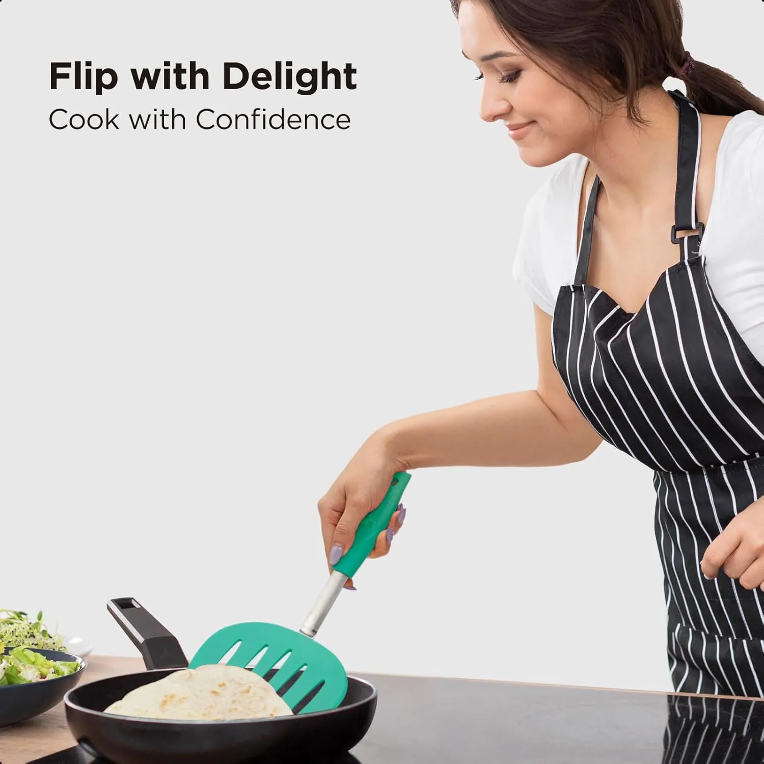 Kitchen Mama WaltzGrip Platinum Silicone Pancake Spatula Turner: Heat-Resistant, Slotted Tapered Head, Stainless Steel Core, Durable, Dishwasher-Safe, Ideal for Flipping and Wok Use (Teal)