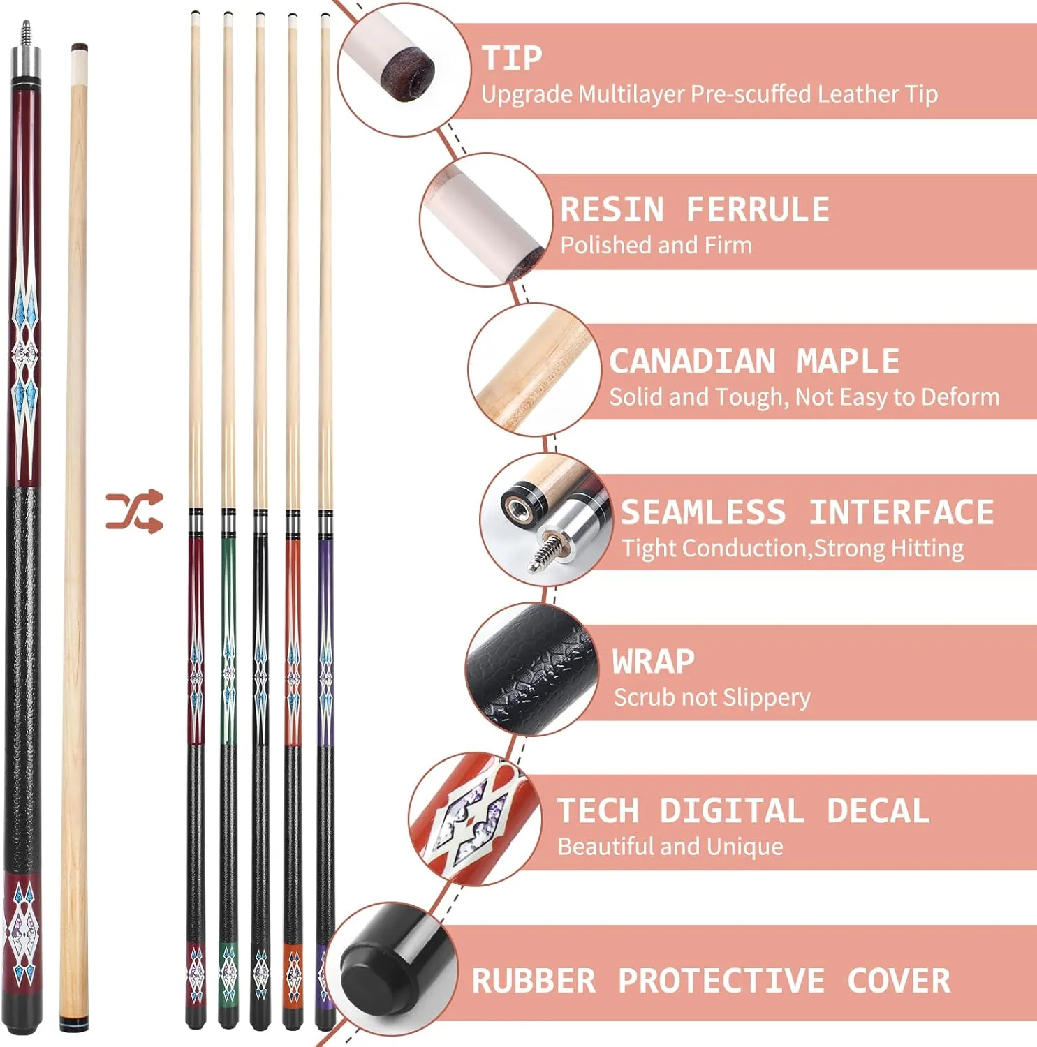Kmise Pool Stick Set of 5-58" Pool Cue Stick, Canadian Maple Professional Billiards Pool Cue, Pool Sticks for Adults, 18~21oz Multiple Colors,Pool Stick for Bar House Pool Table Sports
