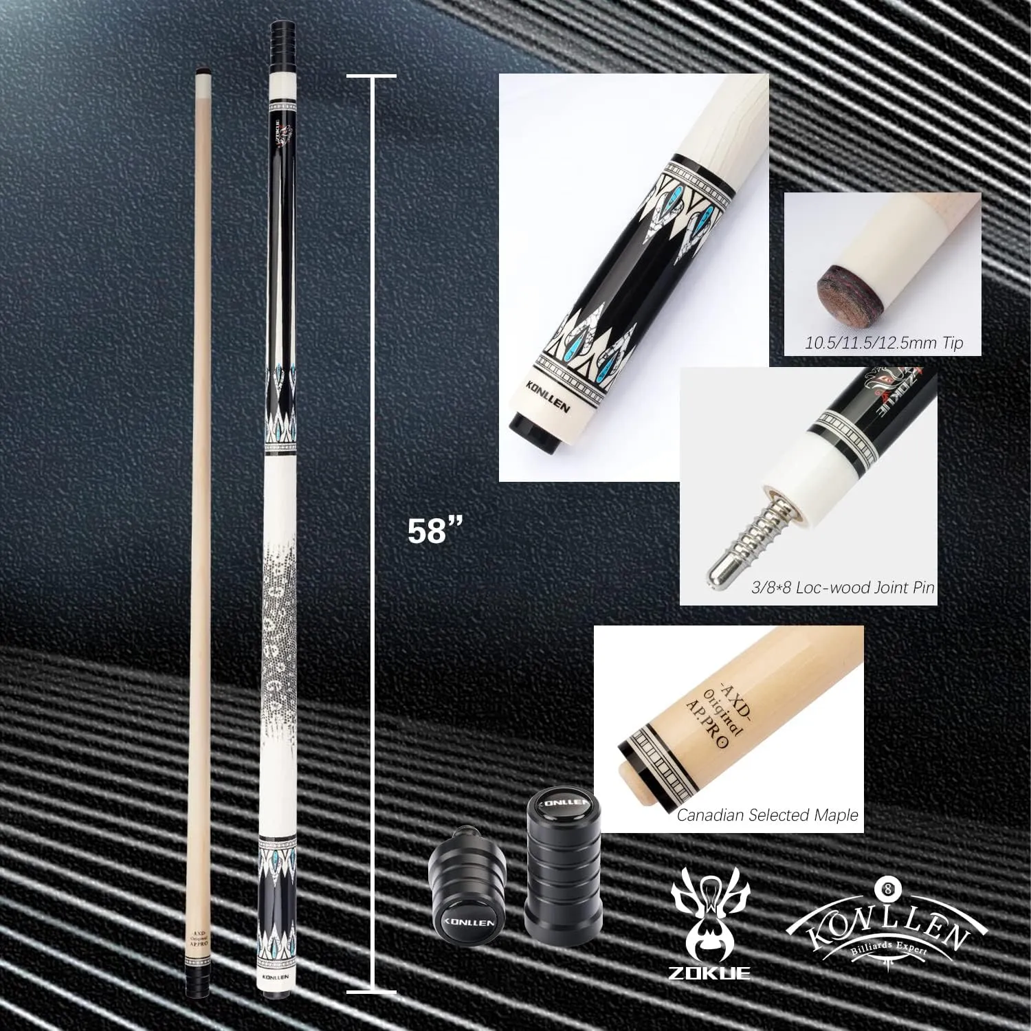 KONLLEN Pool Cue Stick Pro Taper Canadian Maple Billiard Pool Sticks for Adults with Low Deflection Shaft (10.5mm/11.5mm/12.5mm Tip) Professional Billiard Cue Set with Extension and Cue Case