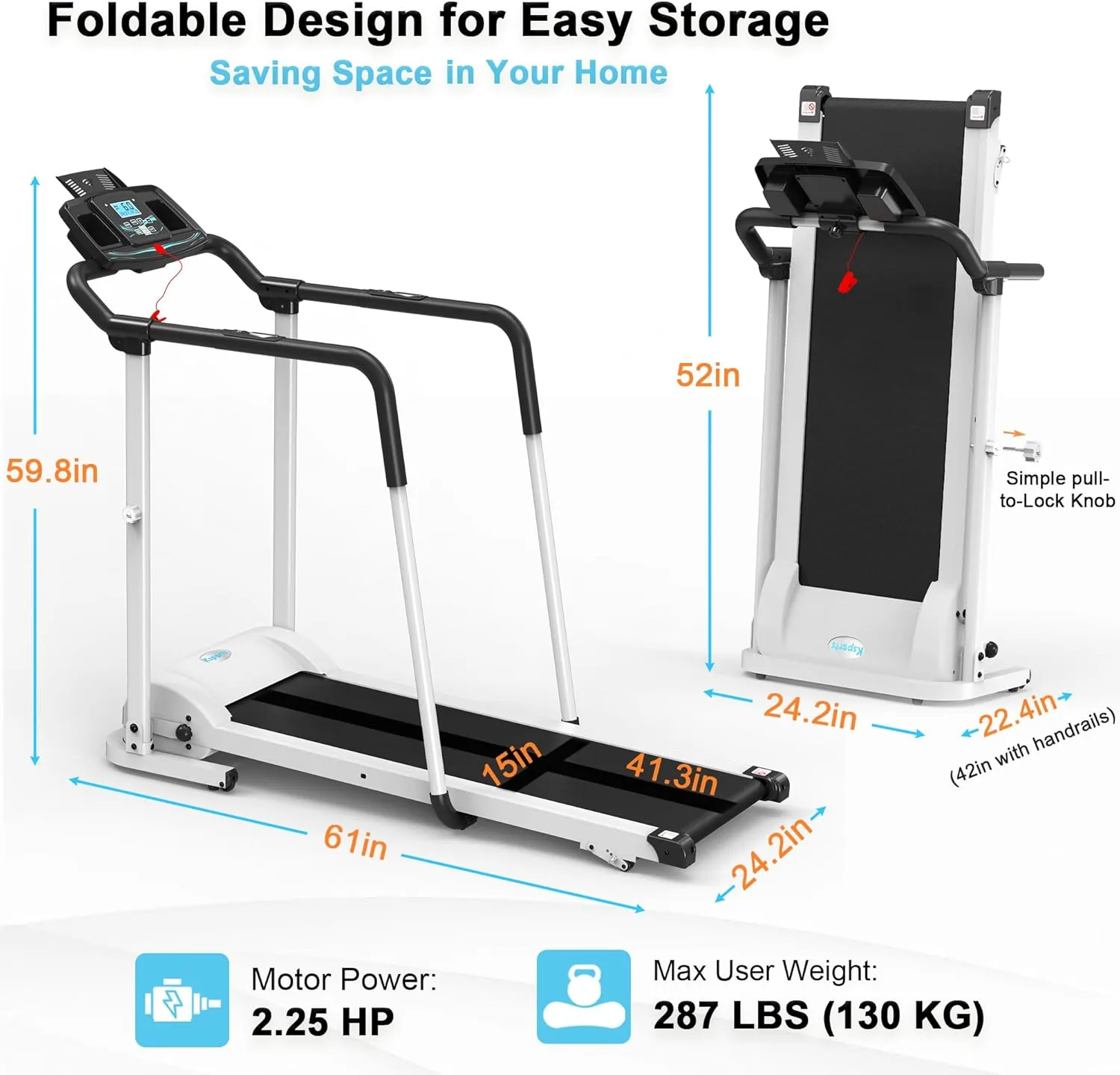 Ksports Advanced Rehab Walking Treadmill with 2.25HP Motor, Long Handrails for Balance, 287 LB Capacity, 0.4-8.0 MPH, 3-Level Incline, Bluetooth for Kinomap, Zwift & FitShow, Foldable with LCD Display
