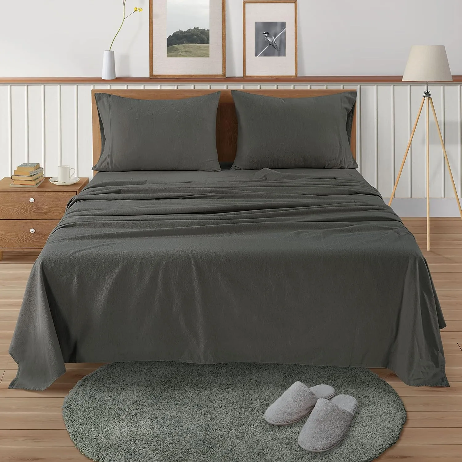 LANE LINEN Cotton Flannel Sheets Queen Size - Brushed for Extra Softness - Lightweight Queen Size 100% Cotton Sheets Set - Warm & Cozy Flannel Winter Sheets Queen Size, 15" Deep Pocket - Charcoal
