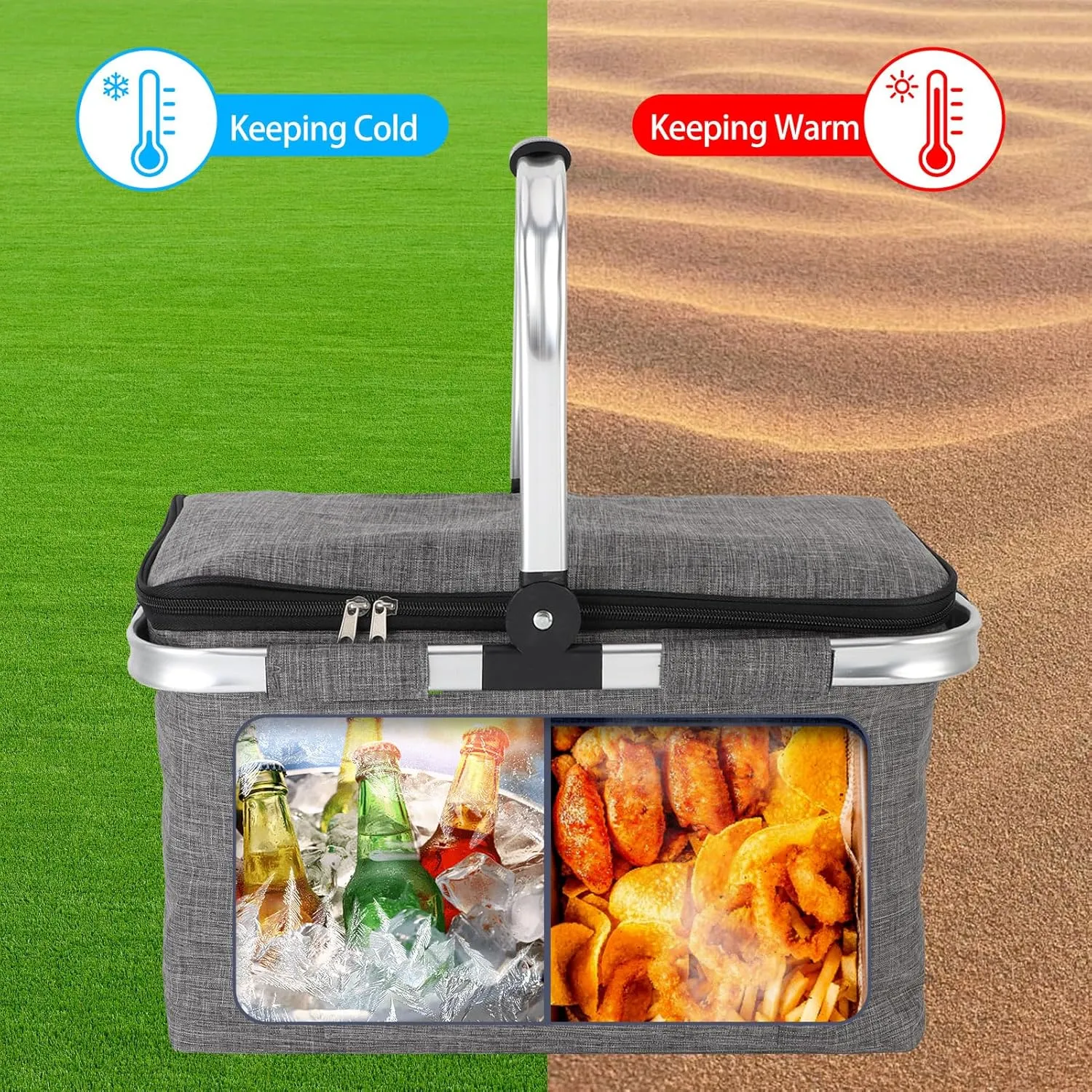Large Picnic Basket Insulated, Foldable Shoping Basket Cooler Bag, Leakproof Picnic Baskets with Handle and Lid for Camping Outdoor Birthday Lunch BBQ Travel Beach(Gray, 17.7x10.2x9.8in)