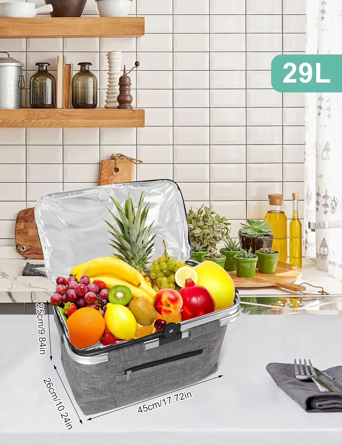 Large Picnic Basket Insulated, Foldable Shoping Basket Cooler Bag, Leakproof Picnic Baskets with Handle and Lid for Camping Outdoor Birthday Lunch BBQ Travel Beach(Gray, 17.7x10.2x9.8in)
