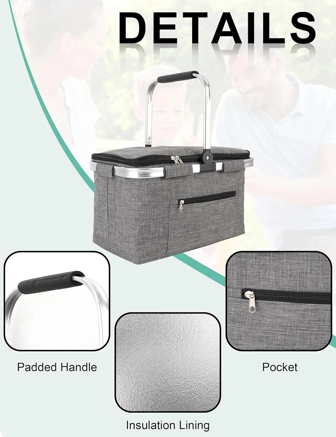 Large Picnic Basket Insulated, Foldable Shoping Basket Cooler Bag, Leakproof Picnic Baskets with Handle and Lid for Camping Outdoor Birthday Lunch BBQ Travel Beach(Gray, 17.7x10.2x9.8in)
