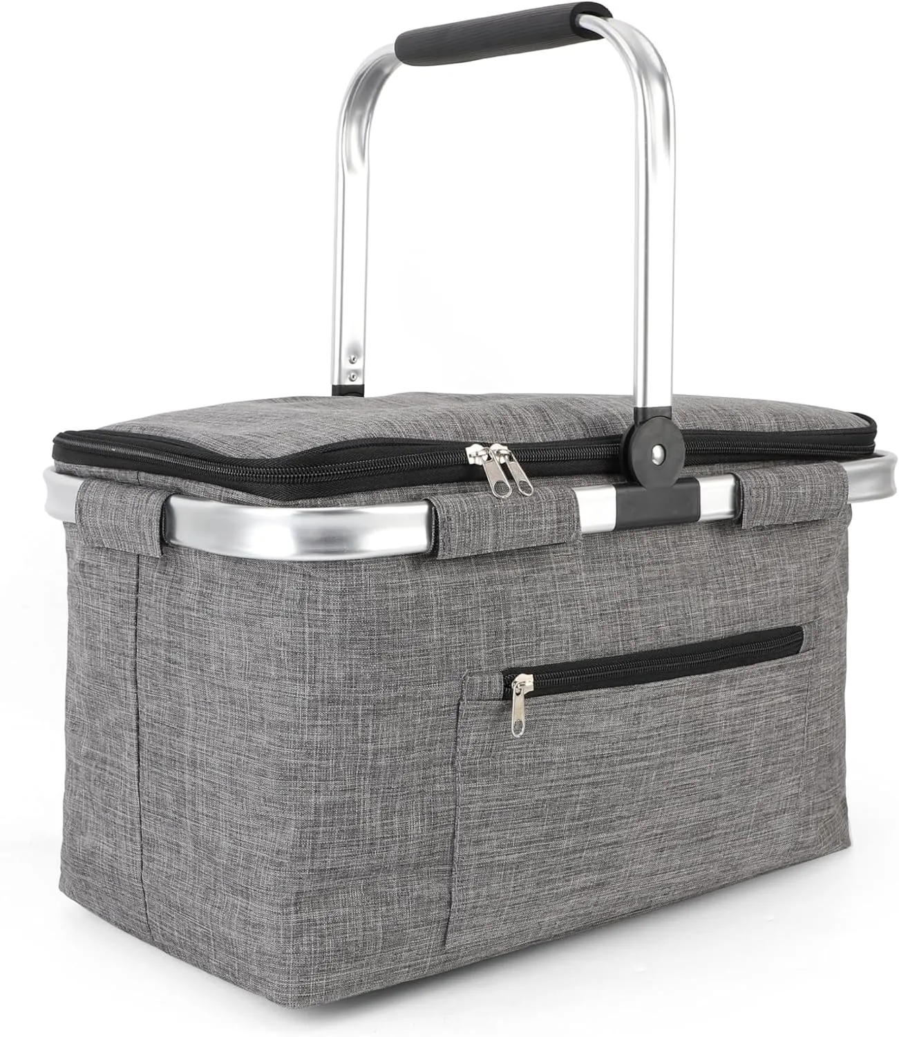 Large Picnic Basket Insulated, Foldable Shoping Basket Cooler Bag, Leakproof Picnic Baskets with Handle and Lid for Camping Outdoor Birthday Lunch BBQ Travel Beach(Gray, 17.7x10.2x9.8in)