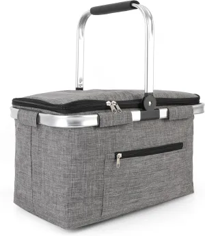 Large Picnic Basket Insulated, Foldable Shoping Basket Cooler Bag, Leakproof Picnic Baskets with Handle and Lid for Camping Outdoor Birthday Lunch BBQ Travel Beach(Gray, 17.7x10.2x9.8in)