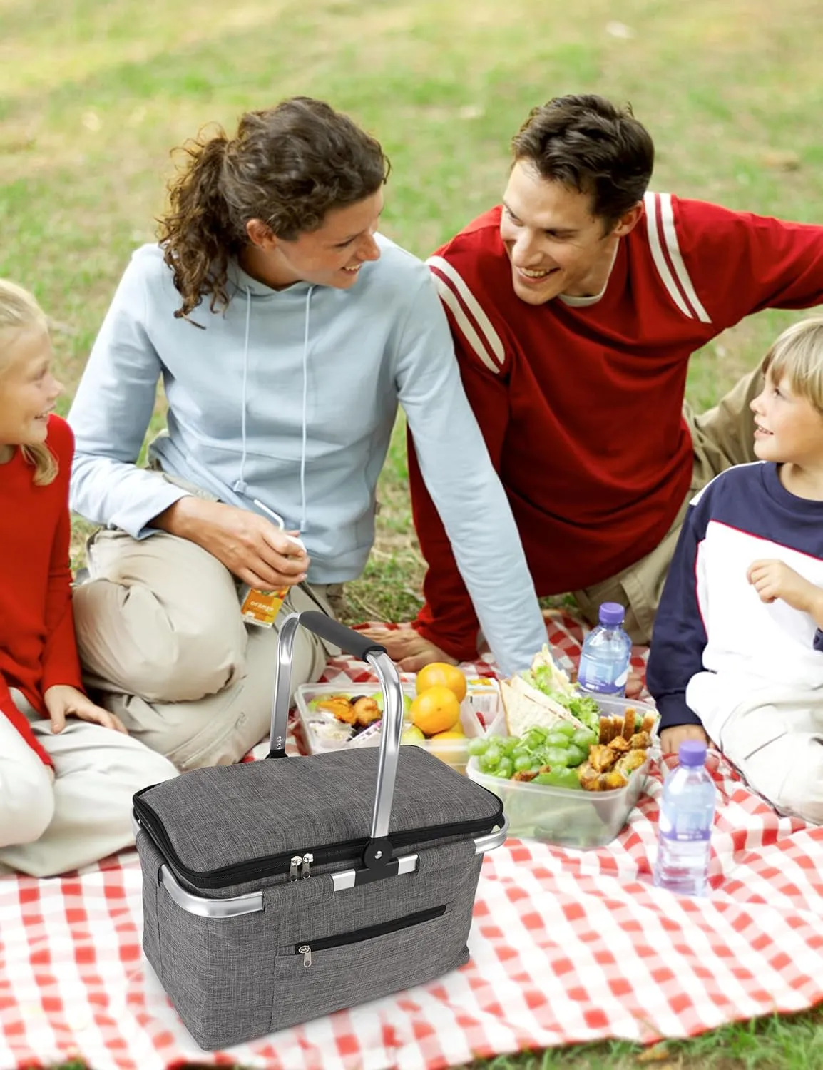 Large Picnic Basket Insulated, Foldable Shoping Basket Cooler Bag, Leakproof Picnic Baskets with Handle and Lid for Camping Outdoor Birthday Lunch BBQ Travel Beach(Gray, 17.7x10.2x9.8in)