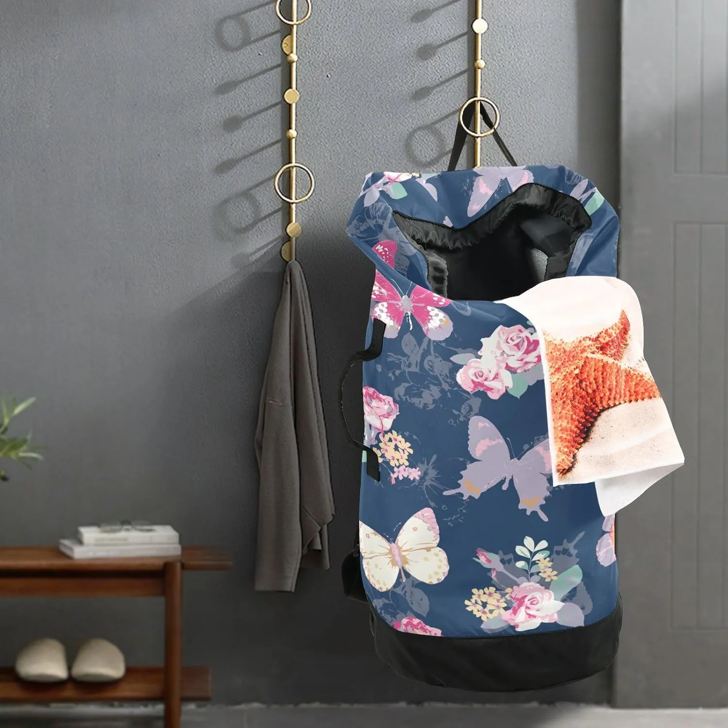 Laundry Backpack Laundry Bag with Adjustable Shoulder Straps Handle Dirty Laundry Bag for Traveling Camp College Dorm Heavy Duty Waterproof Large Capacity Butterfly Blue