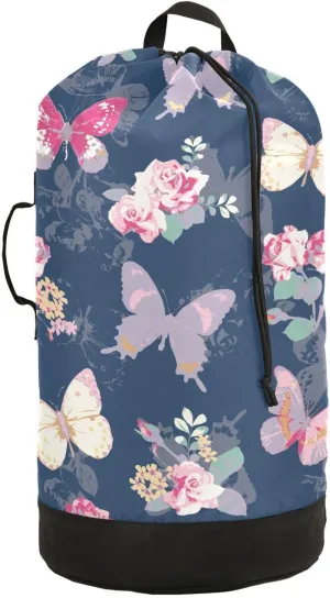 Laundry Backpack Laundry Bag with Adjustable Shoulder Straps Handle Dirty Laundry Bag for Traveling Camp College Dorm Heavy Duty Waterproof Large Capacity Butterfly Blue