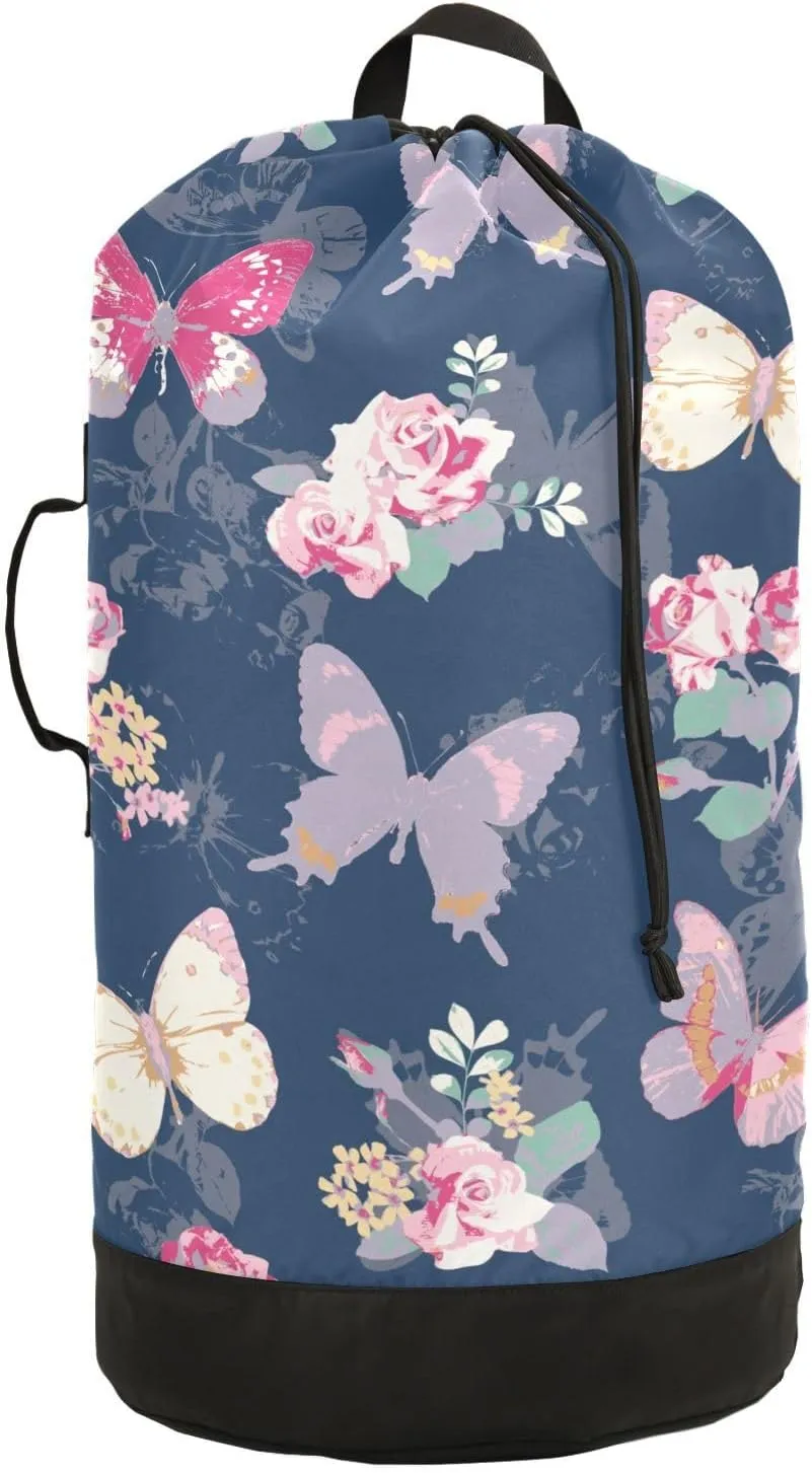 Laundry Backpack Laundry Bag with Adjustable Shoulder Straps Handle Dirty Laundry Bag for Traveling Camp College Dorm Heavy Duty Waterproof Large Capacity Butterfly Blue