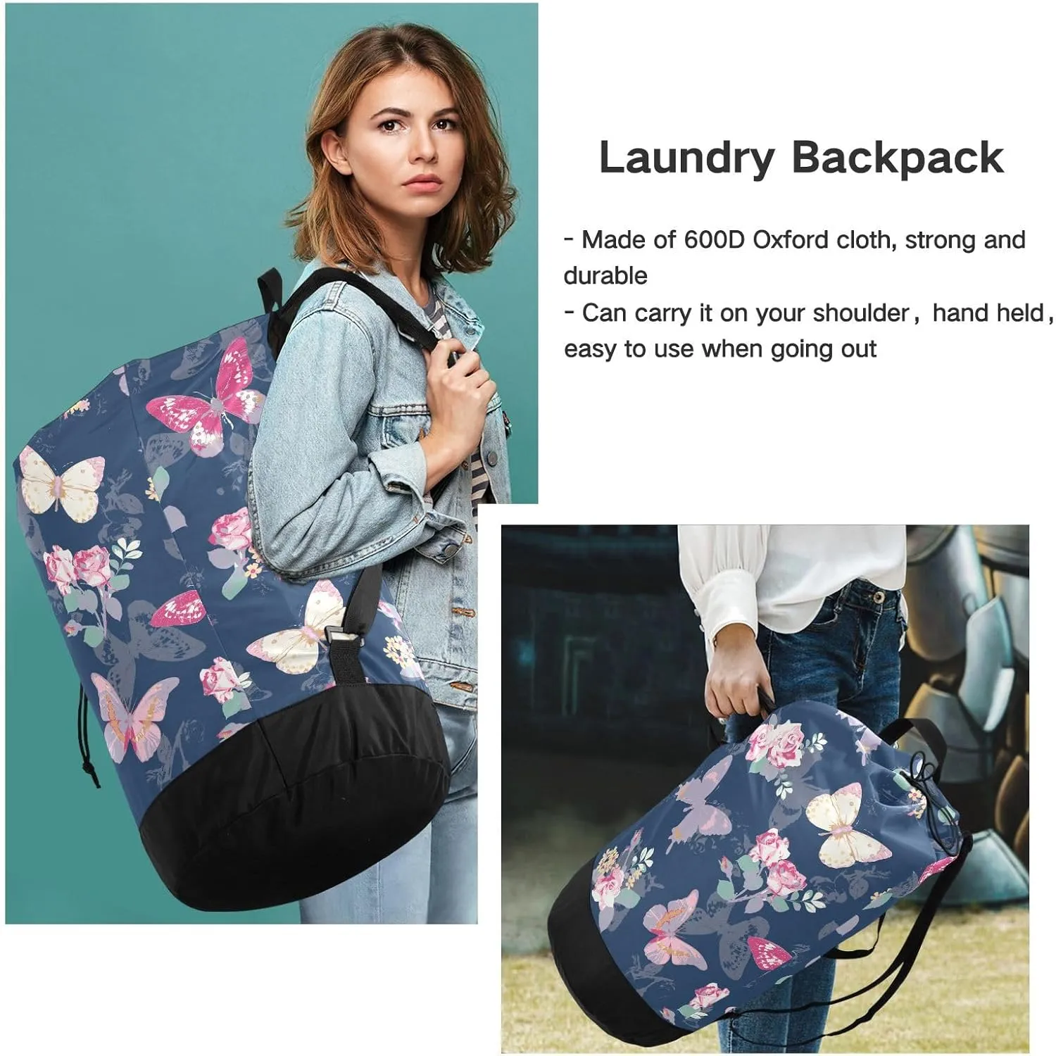 Laundry Backpack Laundry Bag with Adjustable Shoulder Straps Handle Dirty Laundry Bag for Traveling Camp College Dorm Heavy Duty Waterproof Large Capacity Butterfly Blue