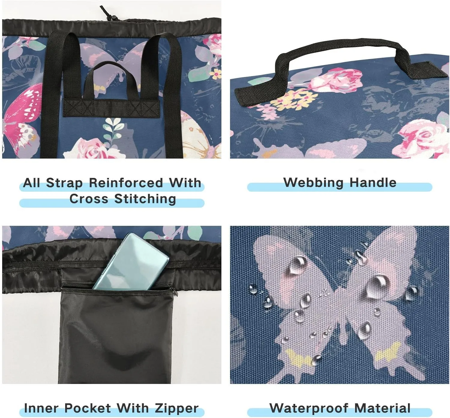 Laundry Backpack Laundry Bag with Adjustable Shoulder Straps Handle Dirty Laundry Bag for Traveling Camp College Dorm Heavy Duty Waterproof Large Capacity Butterfly Blue