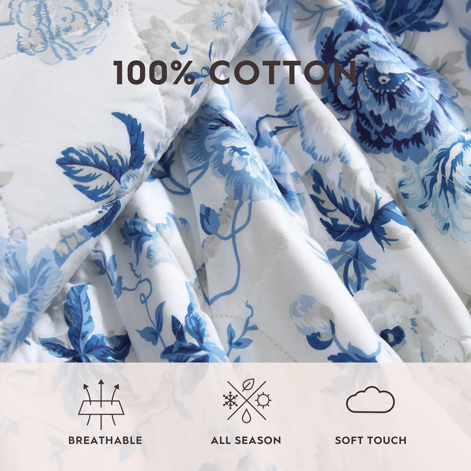 Laura Ashley - King Quilt Set, Reversible Cotton Bedding with Matching Shams, Lightweight Home Decor for All Seasons (Breezy Floral Blue, King)