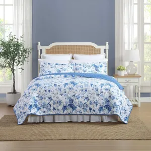 Laura Ashley - King Quilt Set, Reversible Cotton Bedding with Matching Shams, Lightweight Home Decor for All Seasons (Breezy Floral Blue, King)