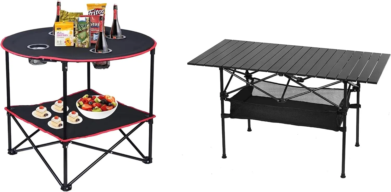 LEADALLWAY Camping Table Folding Picnic Table with 4 Cup Holders and Carrying Bags and Folding Camping Table