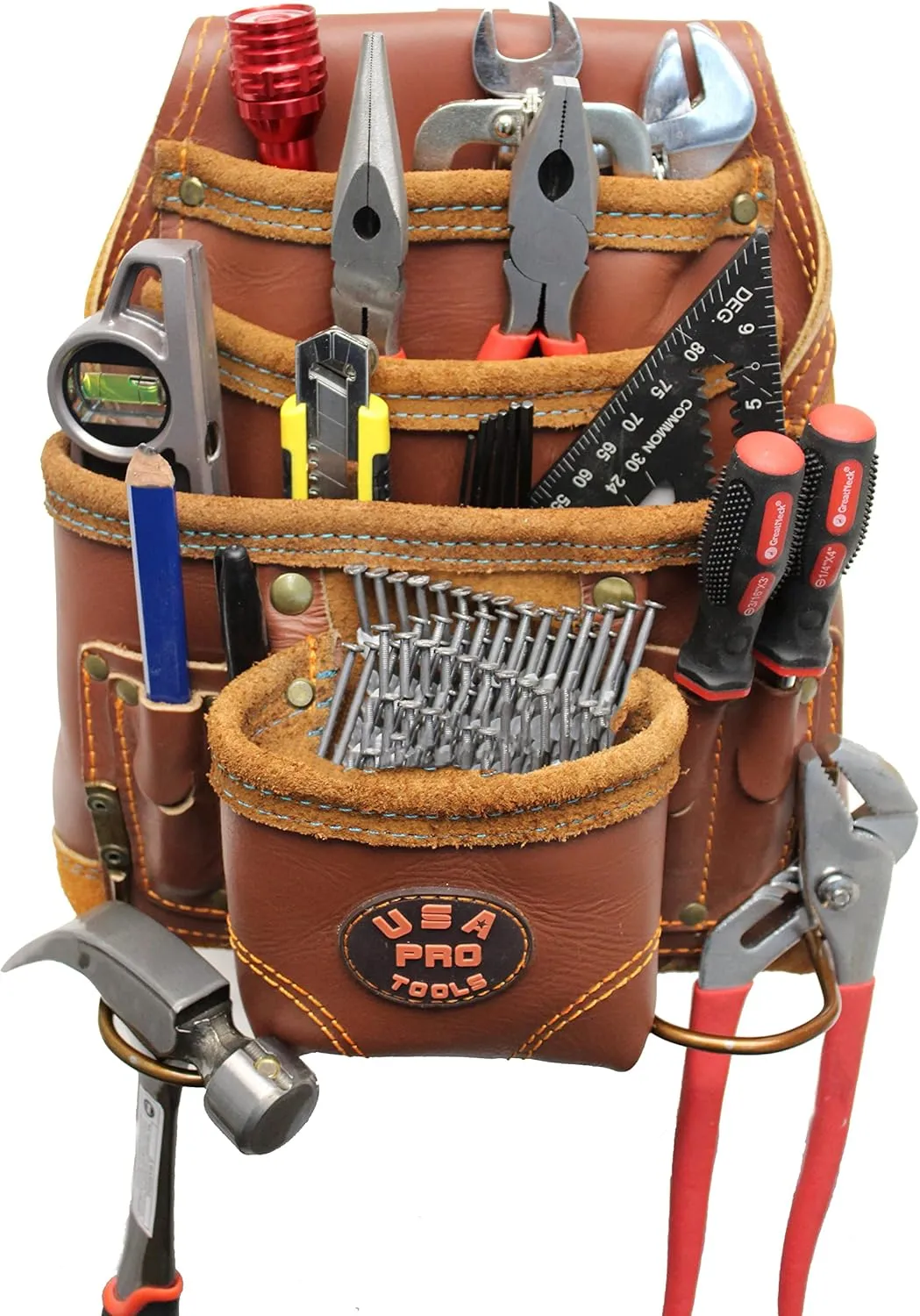 Leather Tool Pouch for Carpenter | Best for Electricians, Plumbers, Handyman and Framers | 10 Pockets with 2 Stainless Steel Hammer Holders