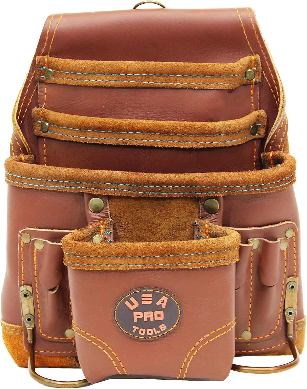 Leather Tool Pouch for Carpenter | Best for Electricians, Plumbers, Handyman and Framers | 10 Pockets with 2 Stainless Steel Hammer Holders