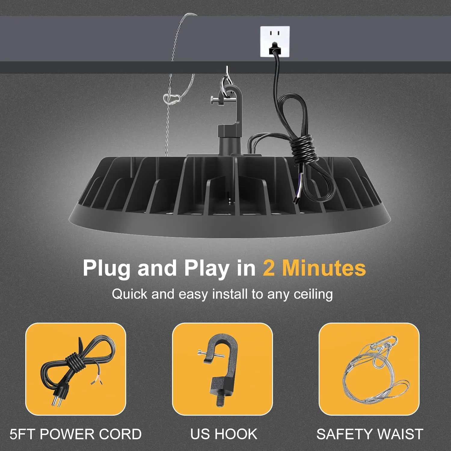 LED High Bay Light 200W Super Bright 32,000LM (160LM/W) 1-10V Dimmable, 5' Cable with Plug, Hanging Hook, Safe Rope, High Bay LED Light for Factory Warehouse Workshop