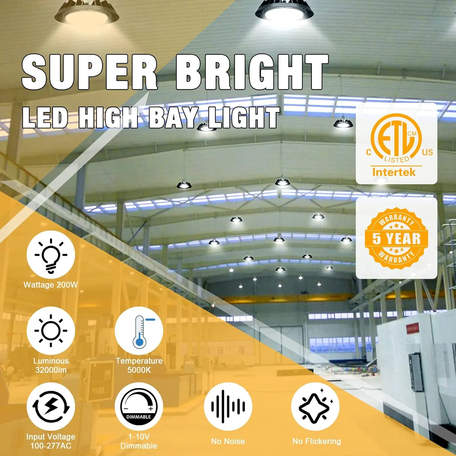 LED High Bay Light 200W Super Bright 32,000LM (160LM/W) 1-10V Dimmable, 5' Cable with Plug, Hanging Hook, Safe Rope, High Bay LED Light for Factory Warehouse Workshop