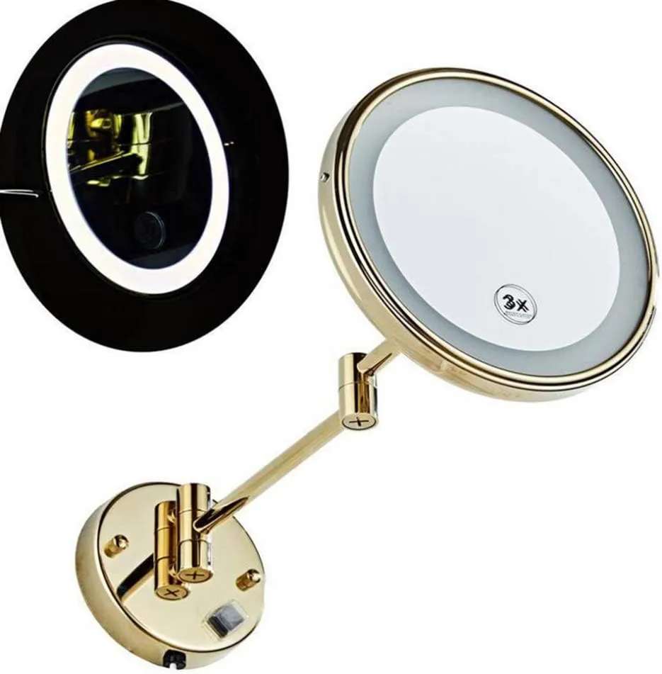 LED Makeup Vanity Mirror,3X Magnification Beauty Mirror Wall Mounted Bathroom Mirror 360°Swivel Extendable Cosmetic Mirror Powered by Plug,Gold(Gold 8.5inch) (Gold 8.5inch)