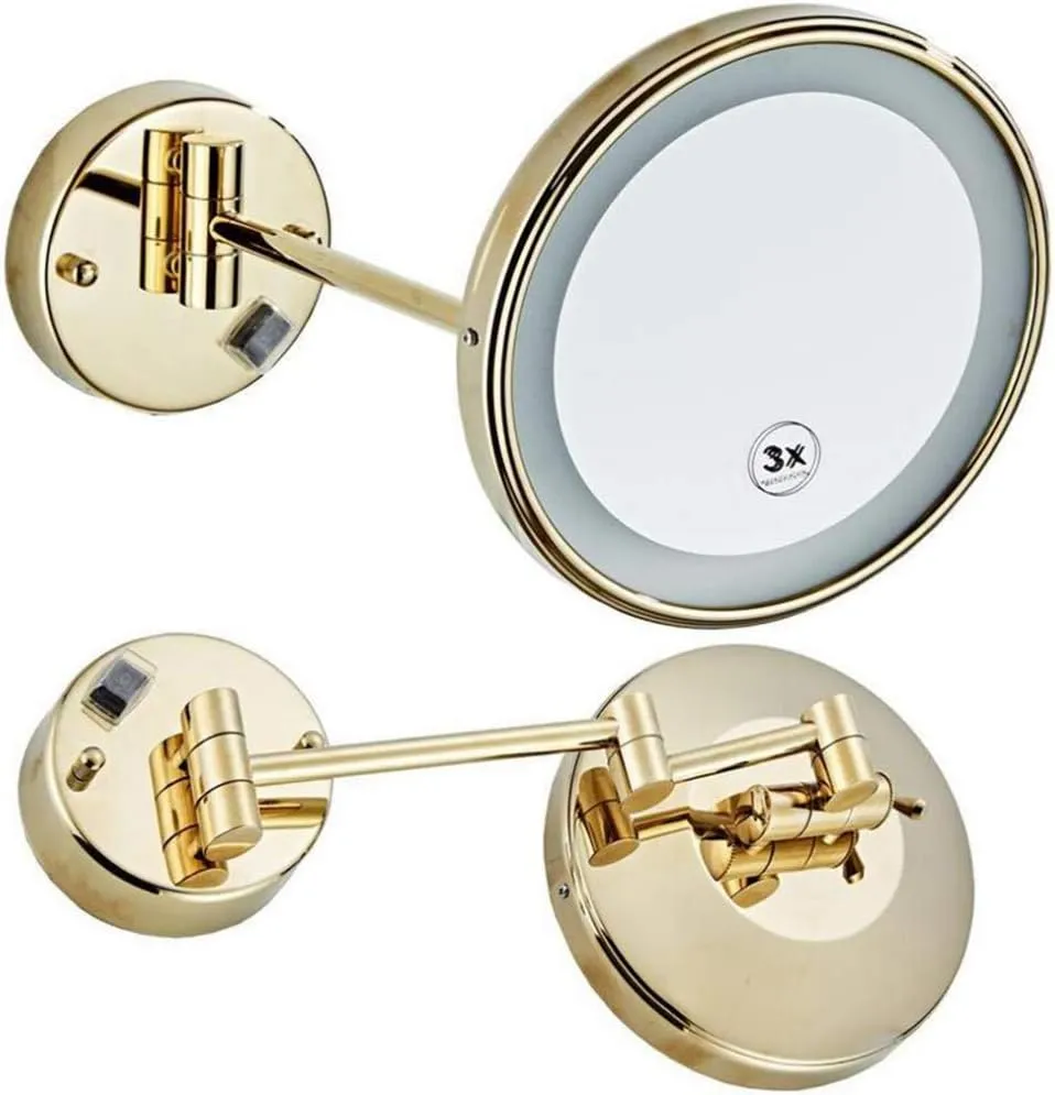 LED Makeup Vanity Mirror,3X Magnification Beauty Mirror Wall Mounted Bathroom Mirror 360°Swivel Extendable Cosmetic Mirror Powered by Plug,Gold(Gold 8.5inch) (Gold 8.5inch)
