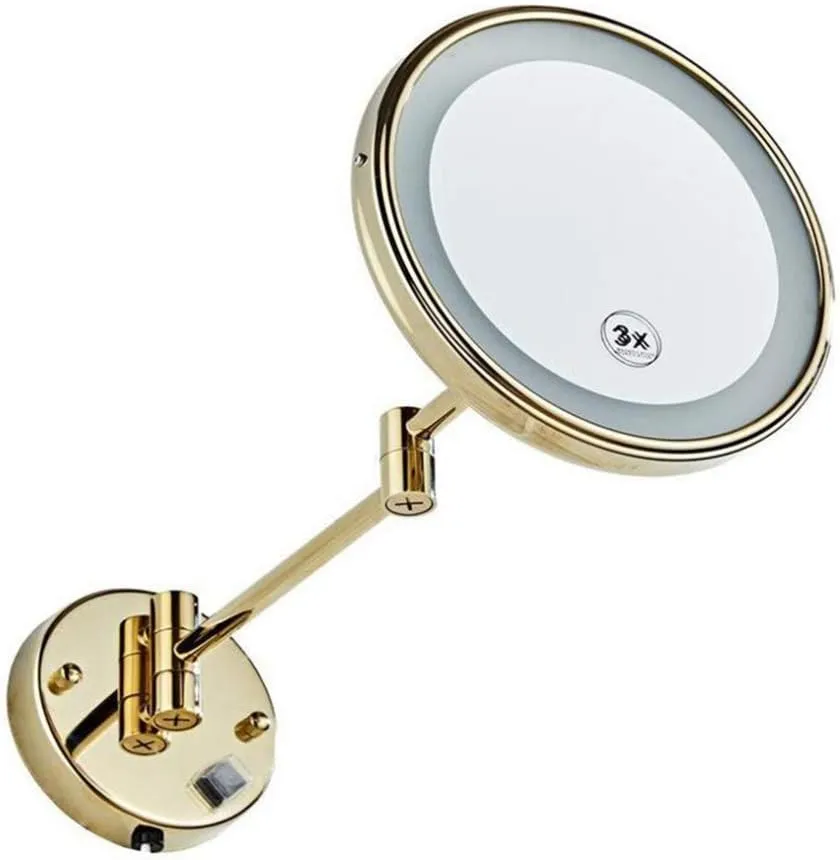 LED Makeup Vanity Mirror,3X Magnification Beauty Mirror Wall Mounted Bathroom Mirror 360°Swivel Extendable Cosmetic Mirror Powered by Plug,Gold(Gold 8.5inch) (Gold 8.5inch)