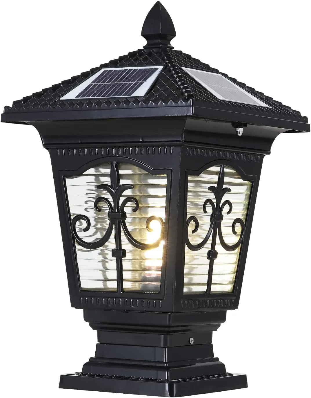 LED Solar Post Cap Lamp, IP65 Waterproof Post Light Outdoor Remote Control Dimmable Pillar Lights Aluminum Outdoor Column Light, 17.3" X 9.8" Pillar Pedestal Lantern for Garden Fence