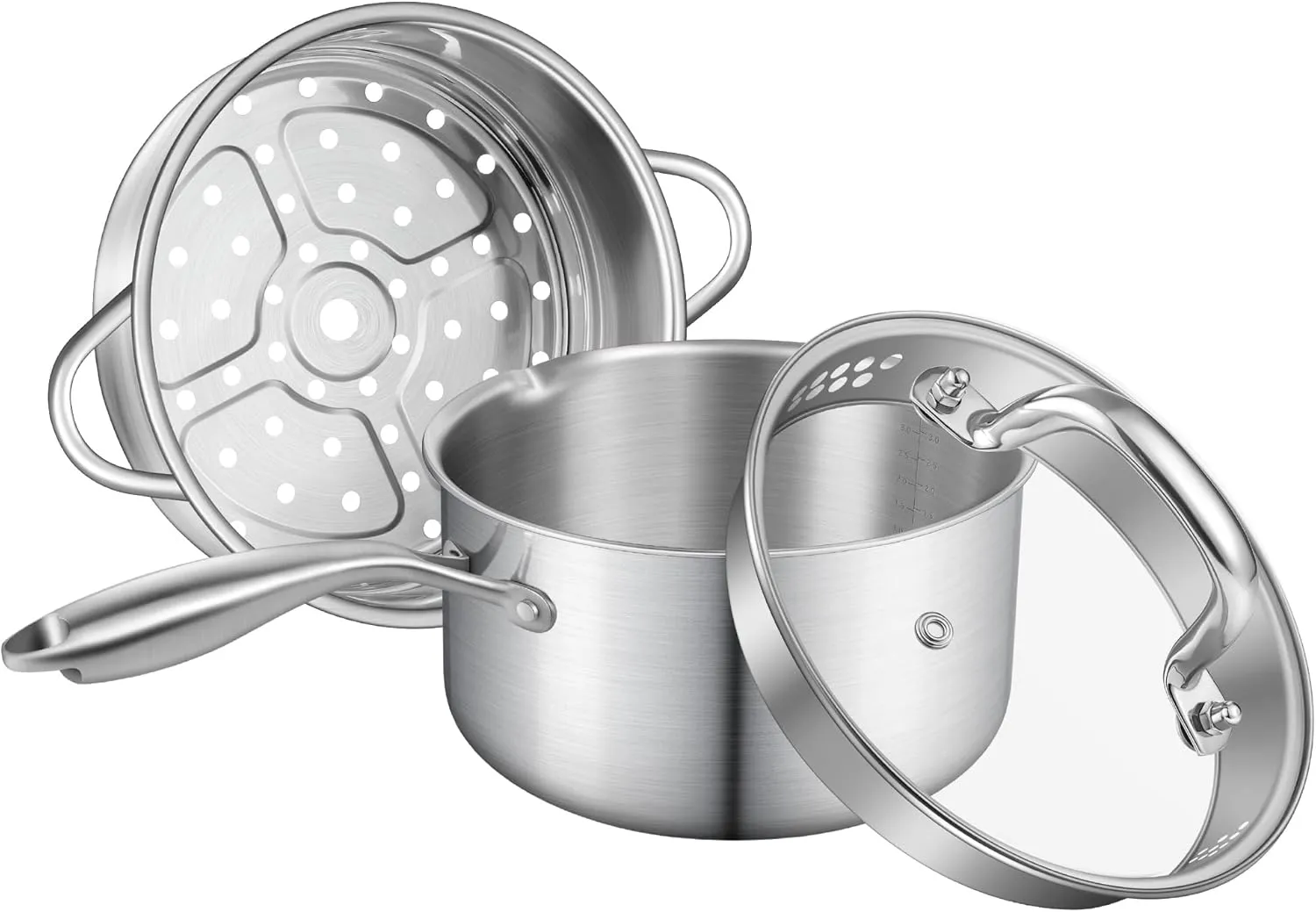 Leetaltree 1.5 Quart Stainless Steel Saucepan with Steamer Basket, Tri-ply Construction, Versatile Sauce Pan with Double-sized Drainage Lid - Perfect for Cooking Gravies. Pasta, Vegetable and More