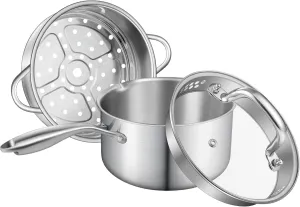 Leetaltree 1.5 Quart Stainless Steel Saucepan with Steamer Basket, Tri-ply Construction, Versatile Sauce Pan with Double-sized Drainage Lid - Perfect for Cooking Gravies. Pasta, Vegetable and More