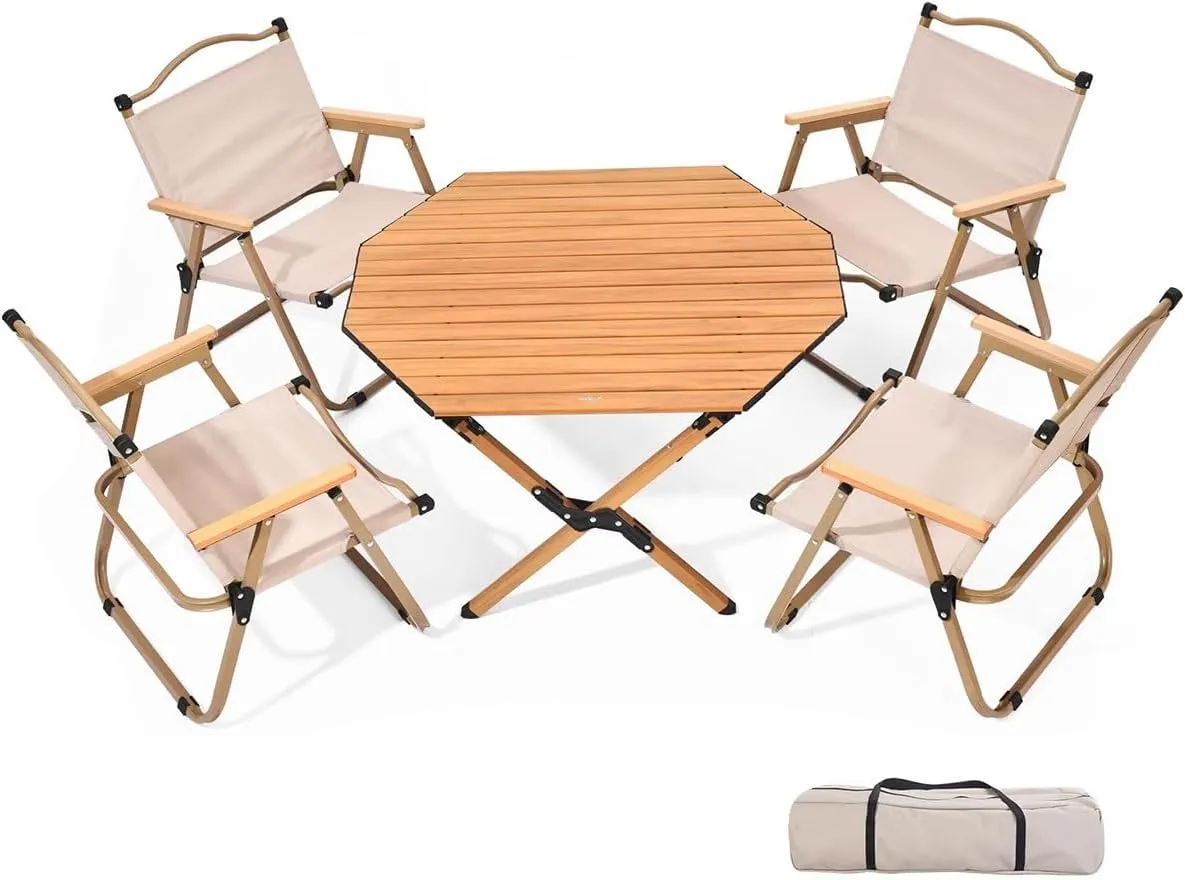 LEIYTFE Octagonal Camping Table Foldable,Aluminium Alloy Roll Up Desktop Camping Accessories,with Carry Bag Picnic Fishing Side Table(Table 4 Chairs)