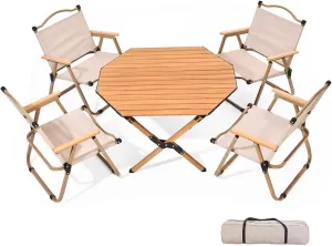 LEIYTFE Octagonal Camping Table Foldable,Aluminium Alloy Roll Up Desktop Camping Accessories,with Carry Bag Picnic Fishing Side Table(Table 4 Chairs)