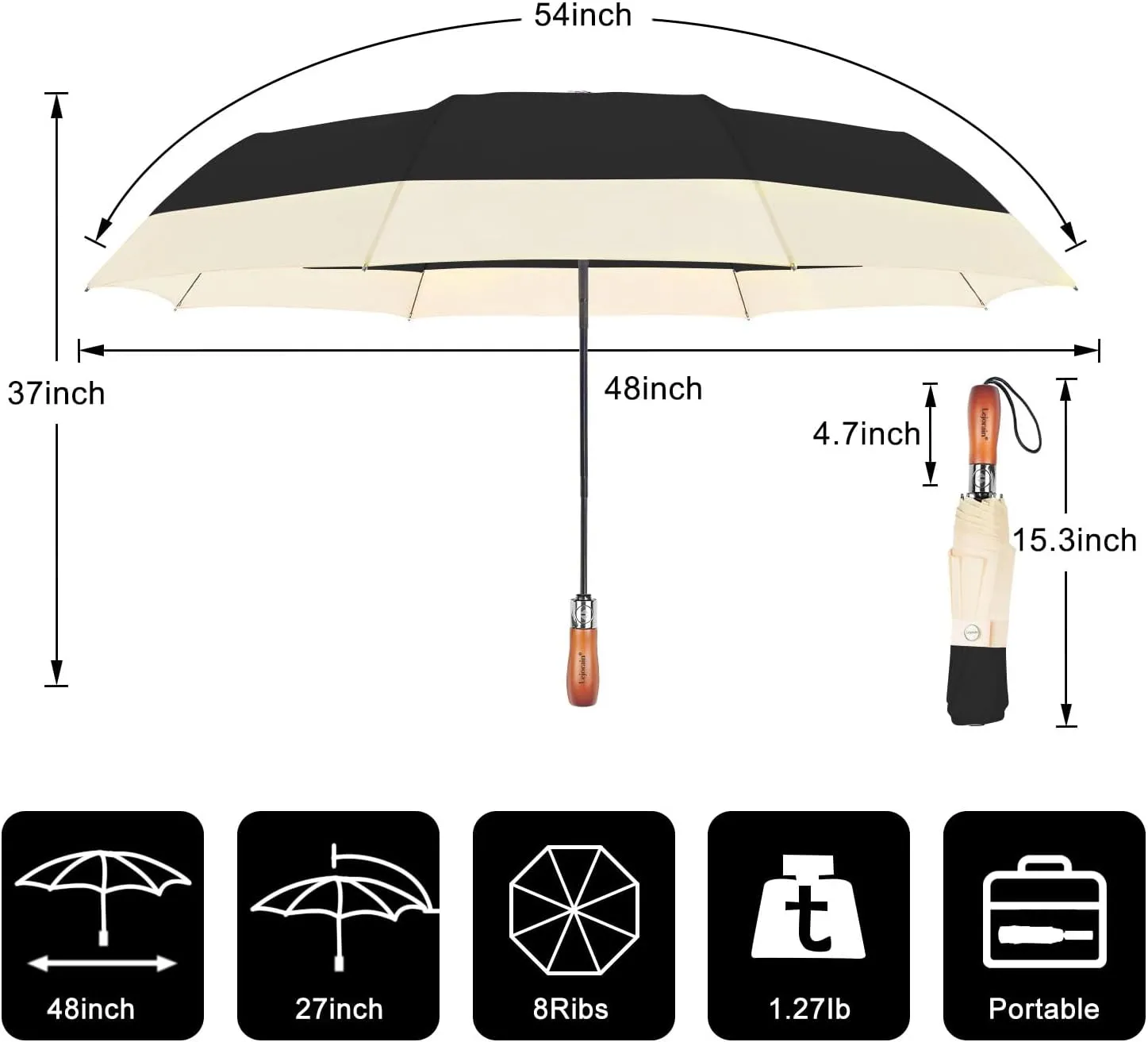 Lejorain Compact Golf Umbrella Large - 54inch Travel Big Portable Automatic Folding Umbrella Windproof for Men Heavy Duty 210T Dupont Teflon Coated Umbrella for Rain