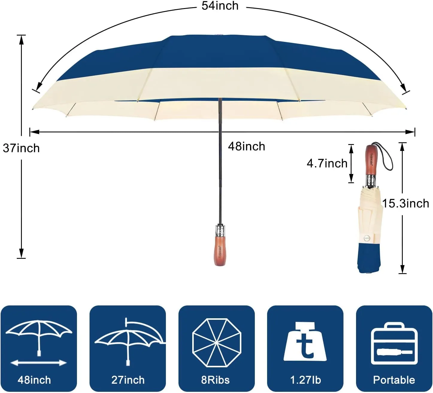 Lejorain Compact Golf Umbrella Large - 54inch Travel Big Portable Automatic Folding Umbrella Windproof for Men Heavy Duty 210T Dupont Teflon Coated Umbrella for Rain