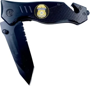 LEO Challenge Coins HSI Special Agent Collectible 3in1 Police Tactical Rescue Knife with Seatbelt Cutter, Steel Serrated Blade, black