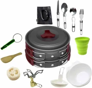 Lightweight Aluminum Camping Cookware Set - Portable Outdoor Cooking Kit for Hiking, Backpacking, Picnic & BBQ, Non-Stick Pots, Frying Pan, Bowl, Spoon & Utensils, Compact &Durable