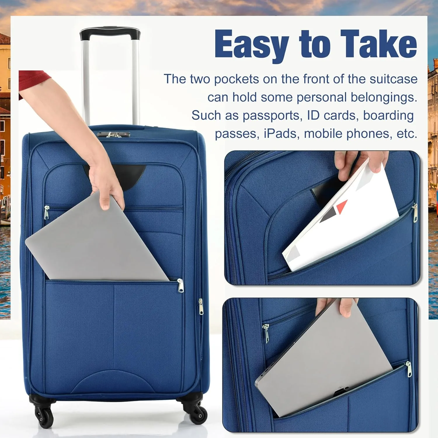 Lightweight Expandable Softside Luggage Sets 3 Piece, Large Capacity Travel Suitcase with Spinner Wheel, TSA Lock, Easy Access Design and Adjustable Telescoping Handle (Blue)