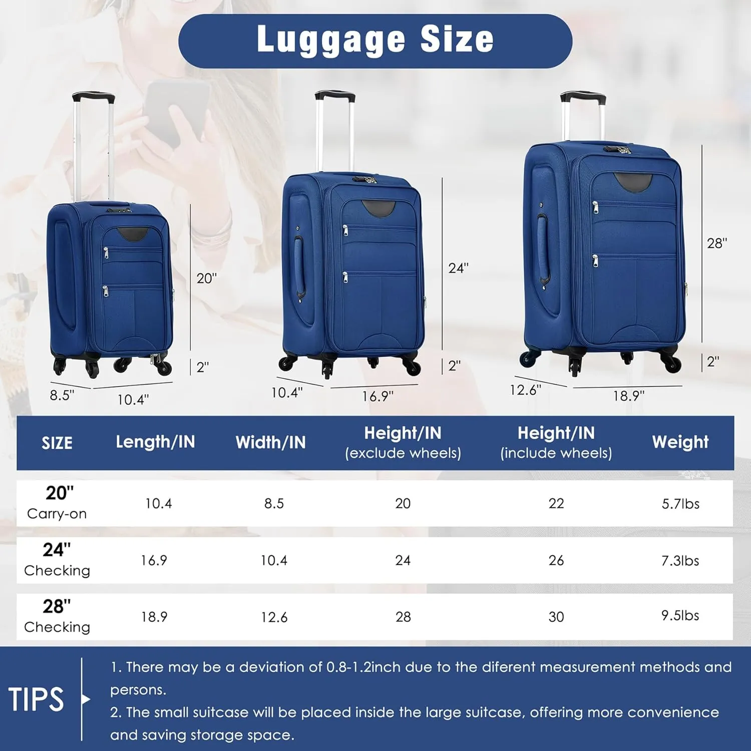 Lightweight Expandable Softside Luggage Sets 3 Piece, Large Capacity Travel Suitcase with Spinner Wheel, TSA Lock, Easy Access Design and Adjustable Telescoping Handle (Blue)