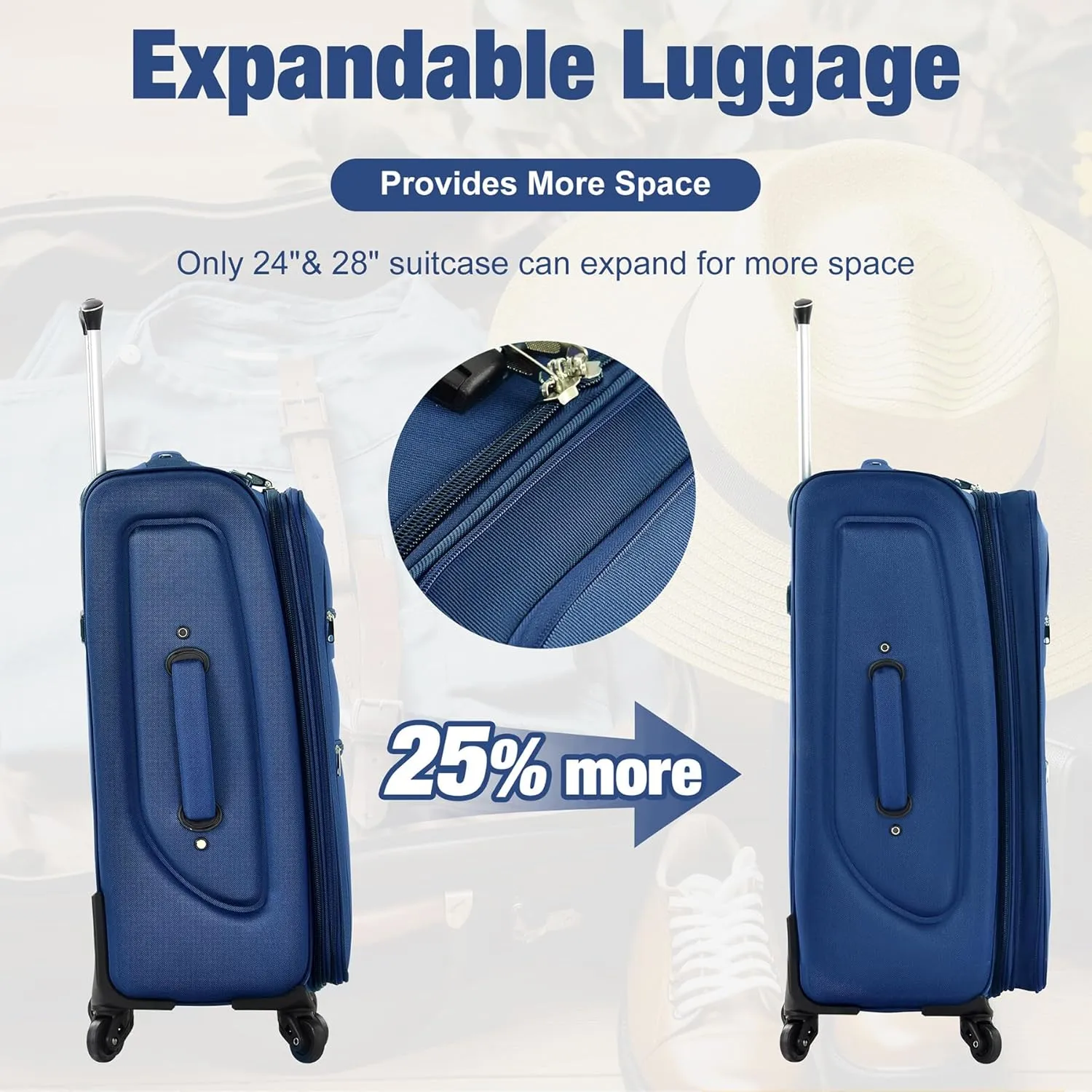 Lightweight Expandable Softside Luggage Sets 3 Piece, Large Capacity Travel Suitcase with Spinner Wheel, TSA Lock, Easy Access Design and Adjustable Telescoping Handle (Blue)