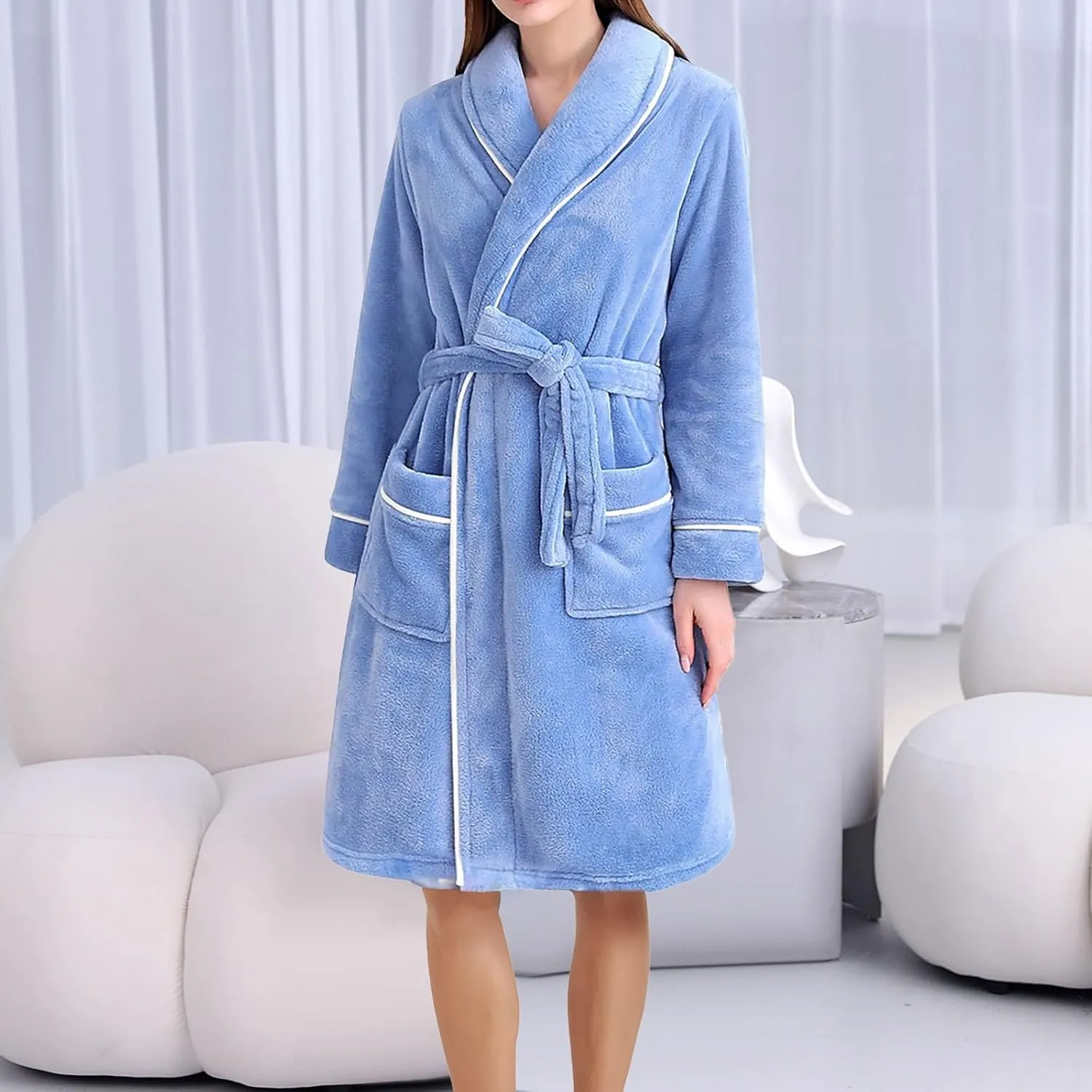 Lightweight Short Robes for Women Flannel Shawl Collar Bathrobe Soft Shaggy Warm Loungewear Long Sleeve Nightgown