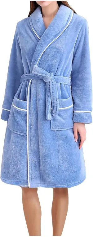 Lightweight Short Robes for Women Flannel Shawl Collar Bathrobe Soft Shaggy Warm Loungewear Long Sleeve Nightgown