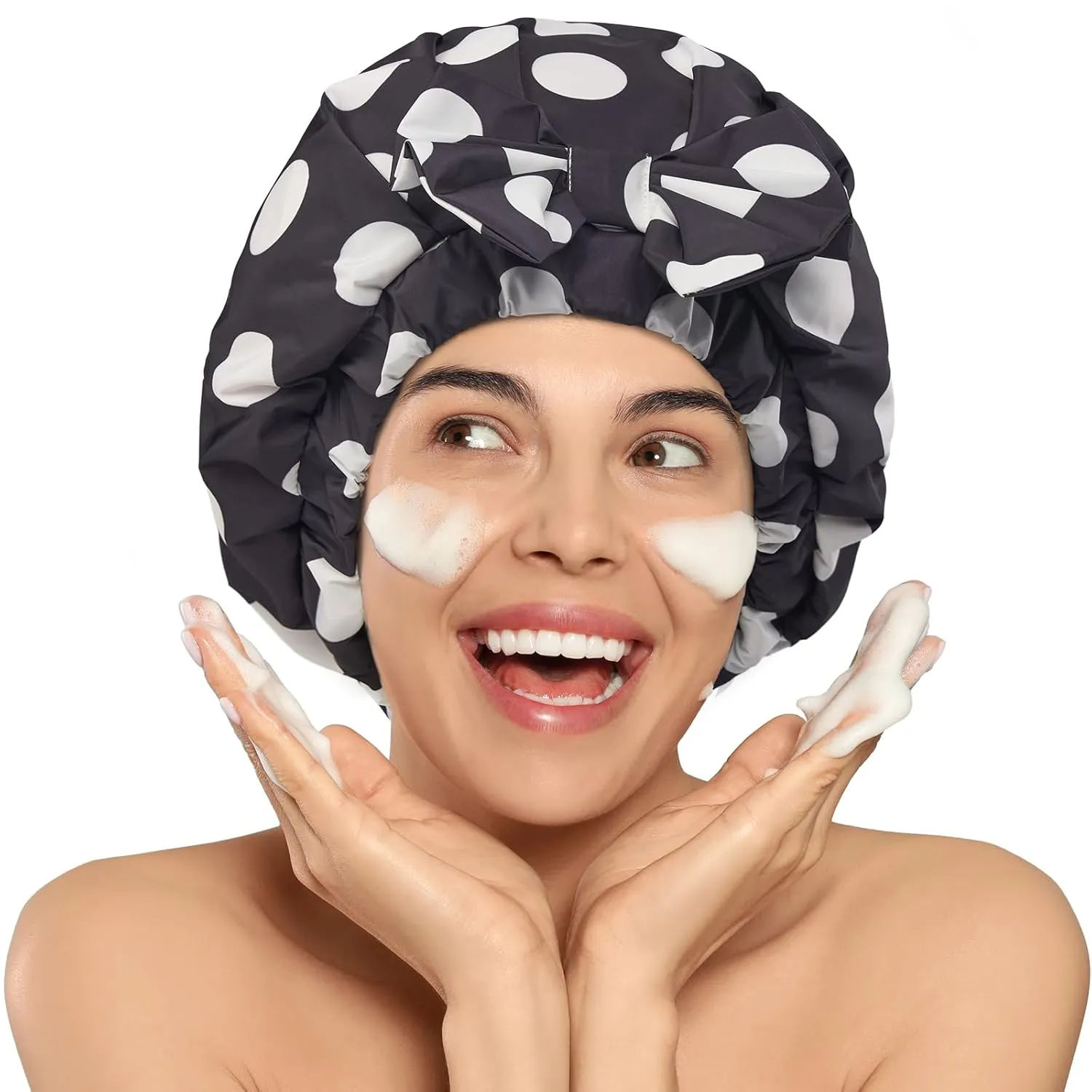 LitBear Luxury Silk Lined Shower Caps for Women Reusable Waterproof, Double Layered Large Bathing Hair Cap with Adjustable Elastic Strap, Non-slip, Quick-dry, for Long Short Hair, Black Dots