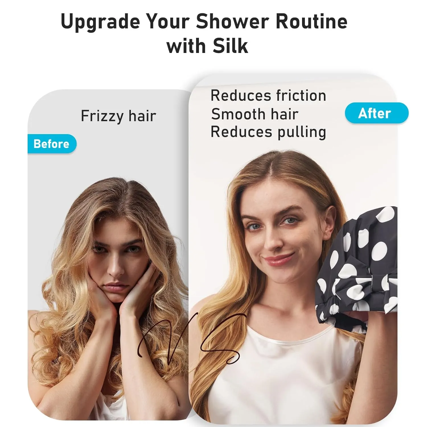 LitBear Luxury Silk Lined Shower Caps for Women Reusable Waterproof, Double Layered Large Bathing Hair Cap with Adjustable Elastic Strap, Non-slip, Quick-dry, for Long Short Hair, Black Dots