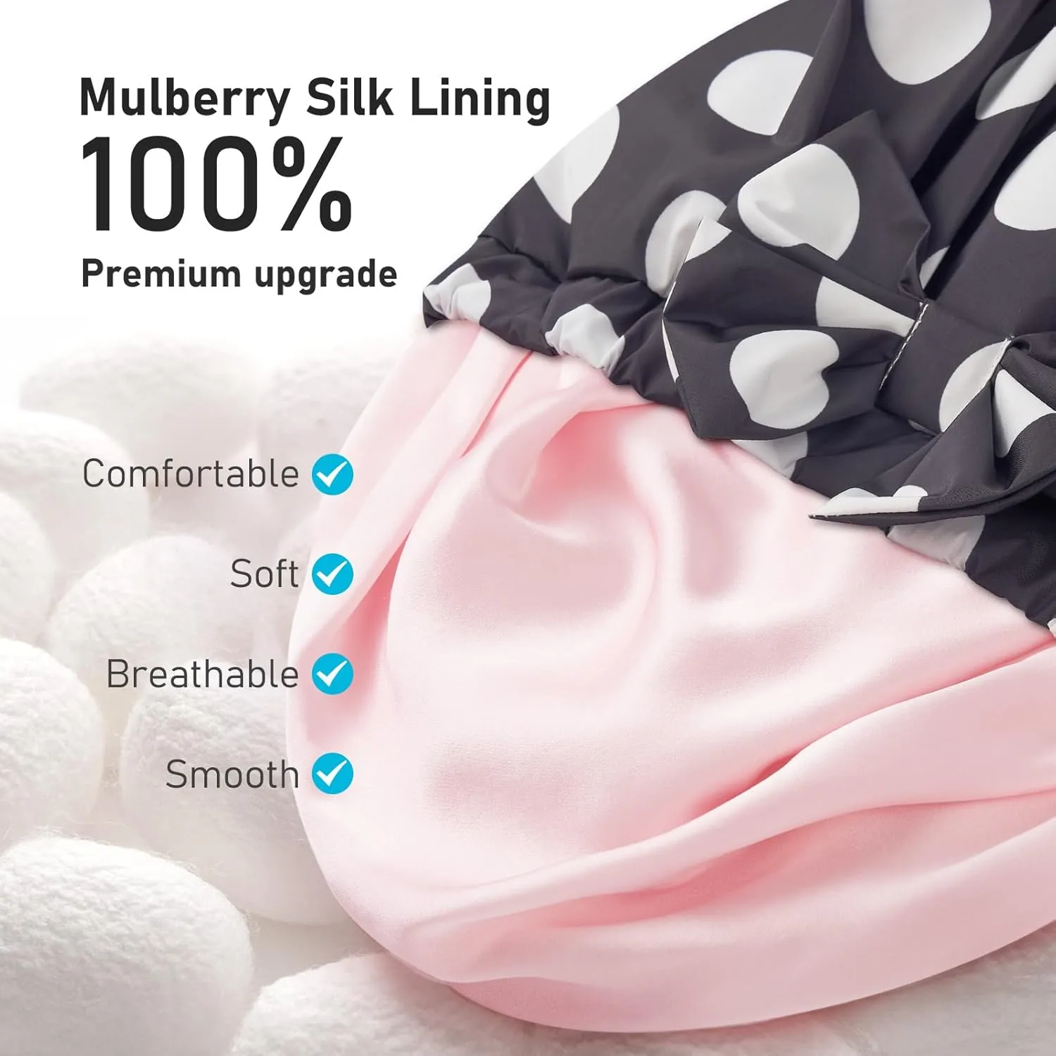 LitBear Luxury Silk Lined Shower Caps for Women Reusable Waterproof, Double Layered Large Bathing Hair Cap with Adjustable Elastic Strap, Non-slip, Quick-dry, for Long Short Hair, Black Dots
