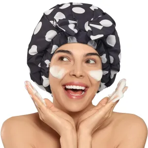 LitBear Luxury Silk Lined Shower Caps for Women Reusable Waterproof, Double Layered Large Bathing Hair Cap with Adjustable Elastic Strap, Non-slip, Quick-dry, for Long Short Hair, Black Dots