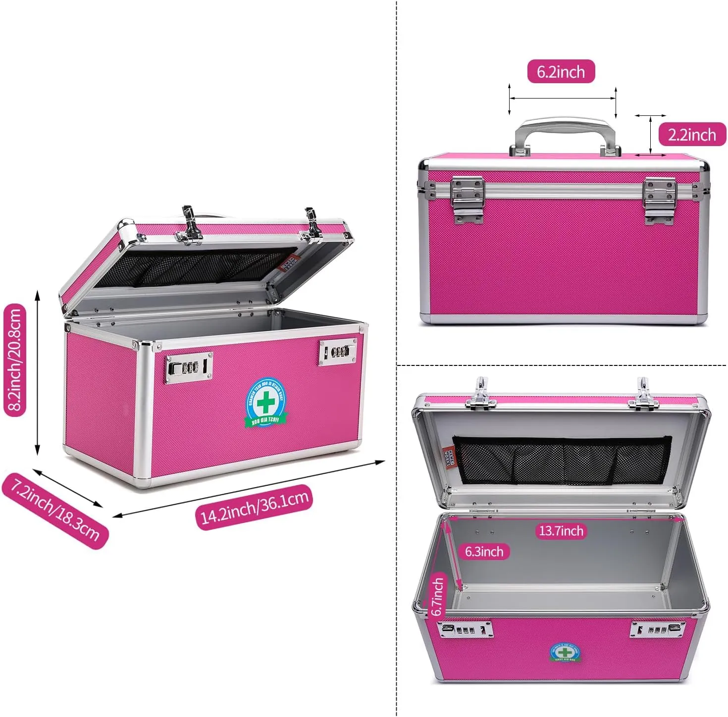 Lockable Medication Box with Portable Storage Case, 14.2''x 7.2''x 8.2'', Childproof Medicine Lock Organizer, Locking Box for Secure Cash, Jewelry, ID Documents (Pink/Large)