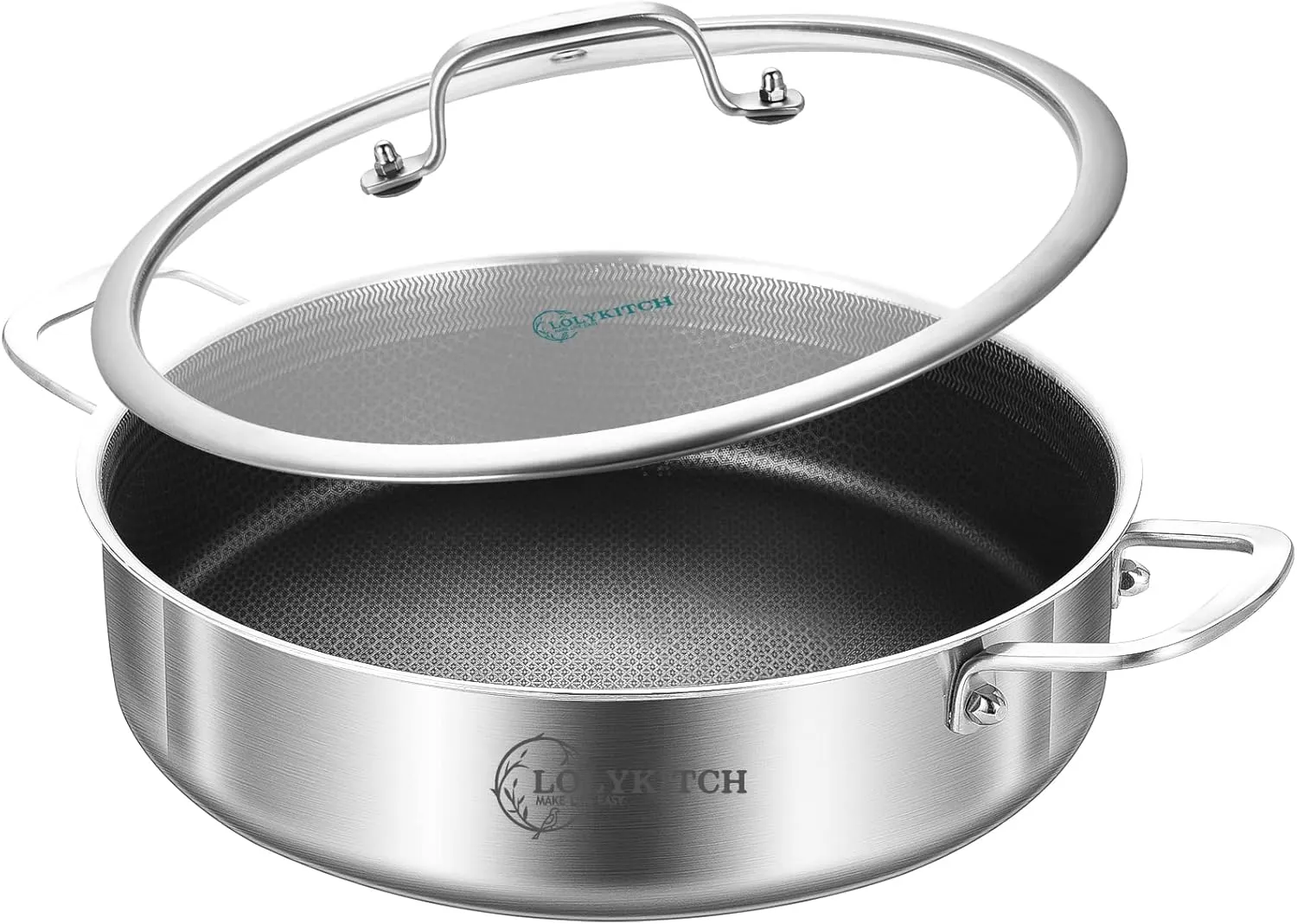 LOLYKITCH Tri-Ply Stainless Steel 10 Inch Non-Stick Deep Frying Pan with Lid,Sauté Pan,Induction Cooking Pan, Dishwasher and Oven Safe.